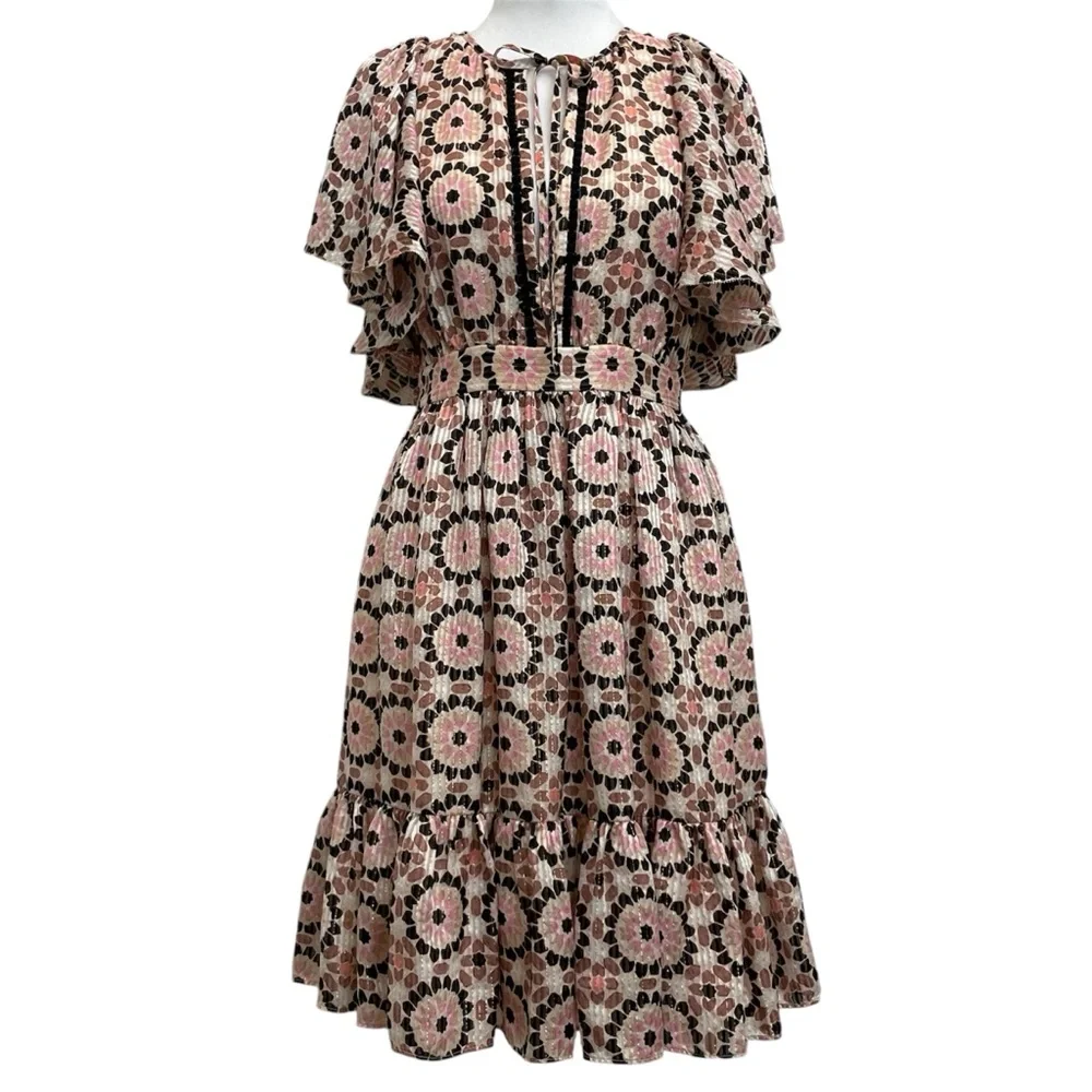 Kate Spade Pink By the Pool Mosaic Floral Print Metallic Stripe Ruffle Dress